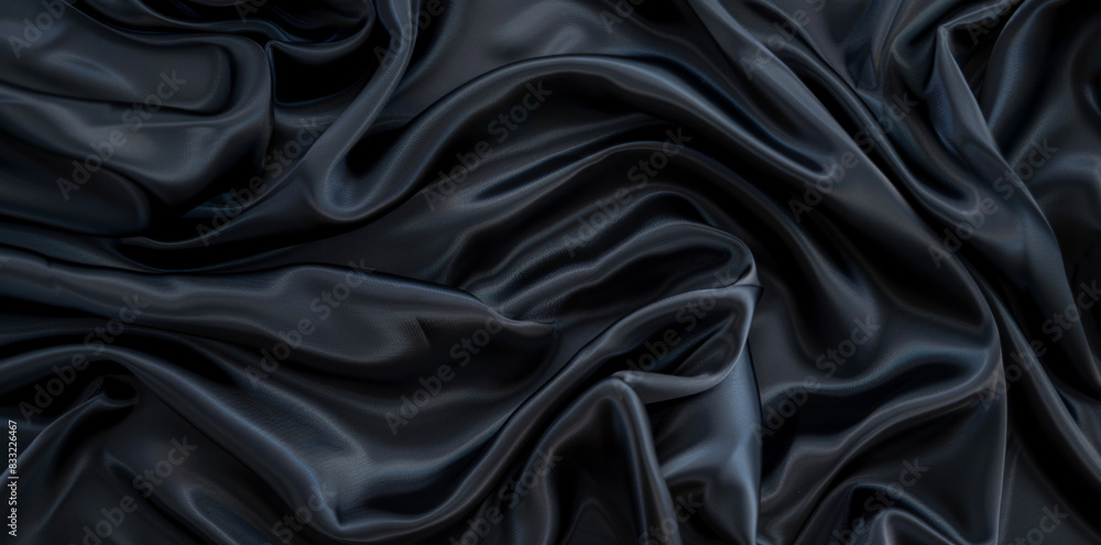 Obraz premium Black satin fabric background with waves and folds, abstract black cloth texture