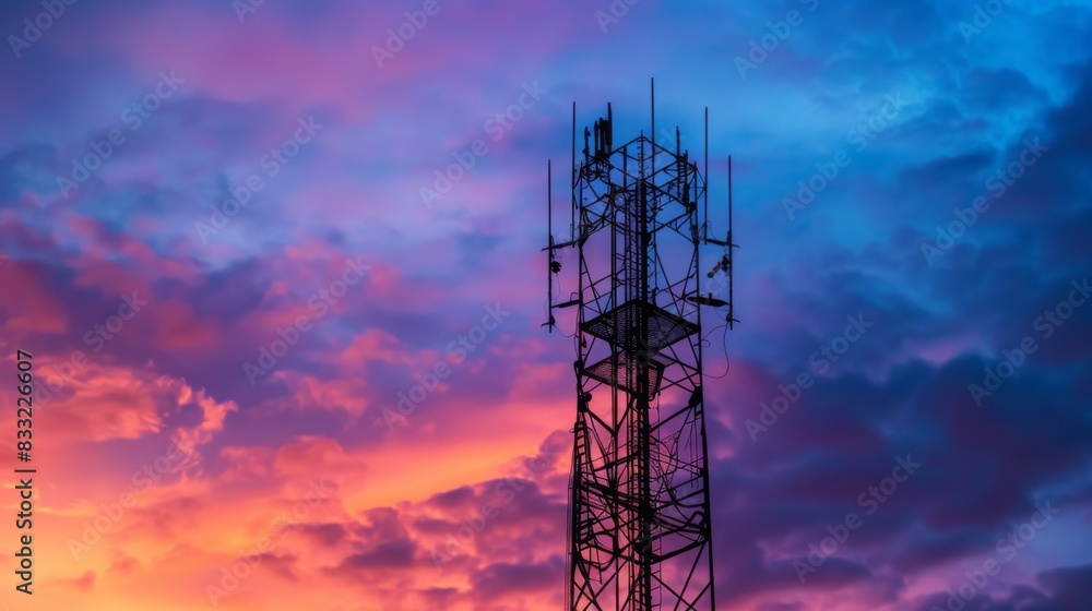 A telephone signal tower silhouetted against a dramatic evening sky, conveying reliability and connectivity A telephone signal tower silhouetted against a dramatic evening sky, conveying reliability and connectivity
