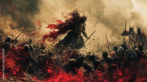 Paint a chaotic battle scene where the combatants are unclear. 