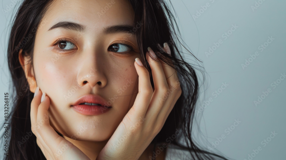 Beauty portrait of a young Asian woman touching her face. Beautiful ...