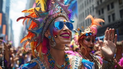 Colorful portrait of drag queens strutting glamorously down a parade route, their dazzling costumes captivating onlookers photo