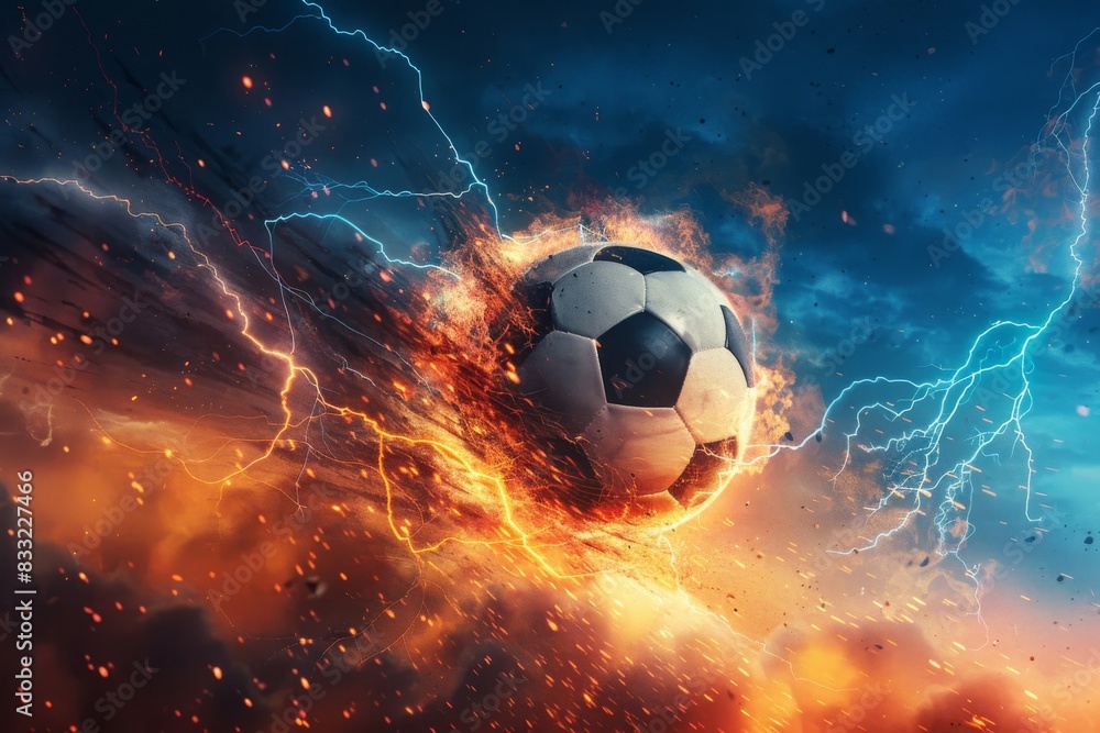 Fototapeta premium Flaming soccer ball and lightning storm in the night sky with blue and orange background