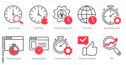 A set of 10 seo icons as search time, hot time, time management photo