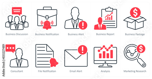 A set of 10 seo icons as business discussion, business notification, business alert