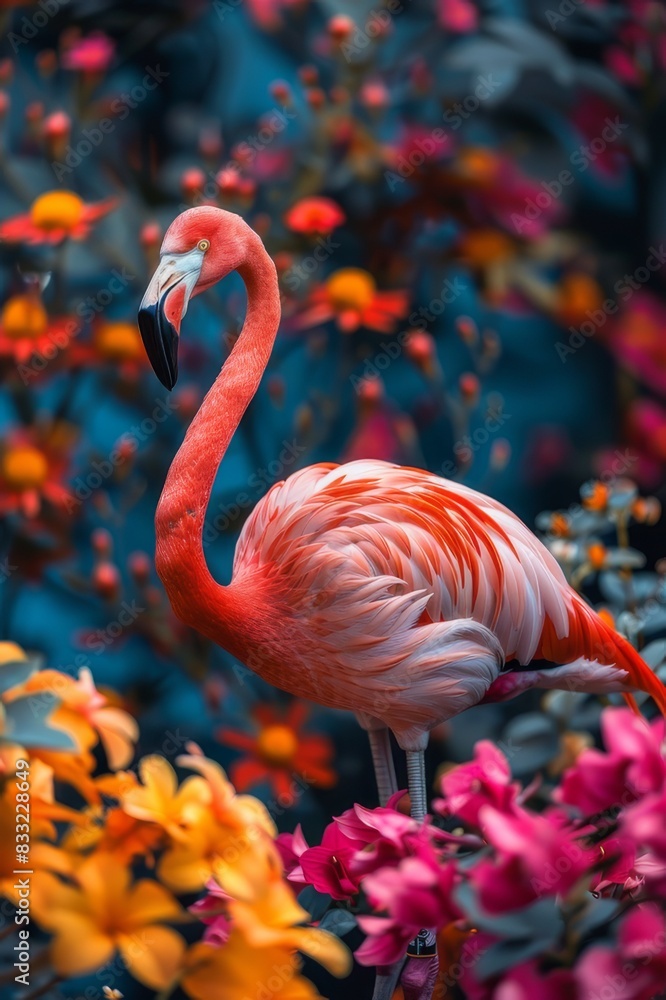 Obraz premium flamingo with beautiful flowers and depth of field artwork with a dark background