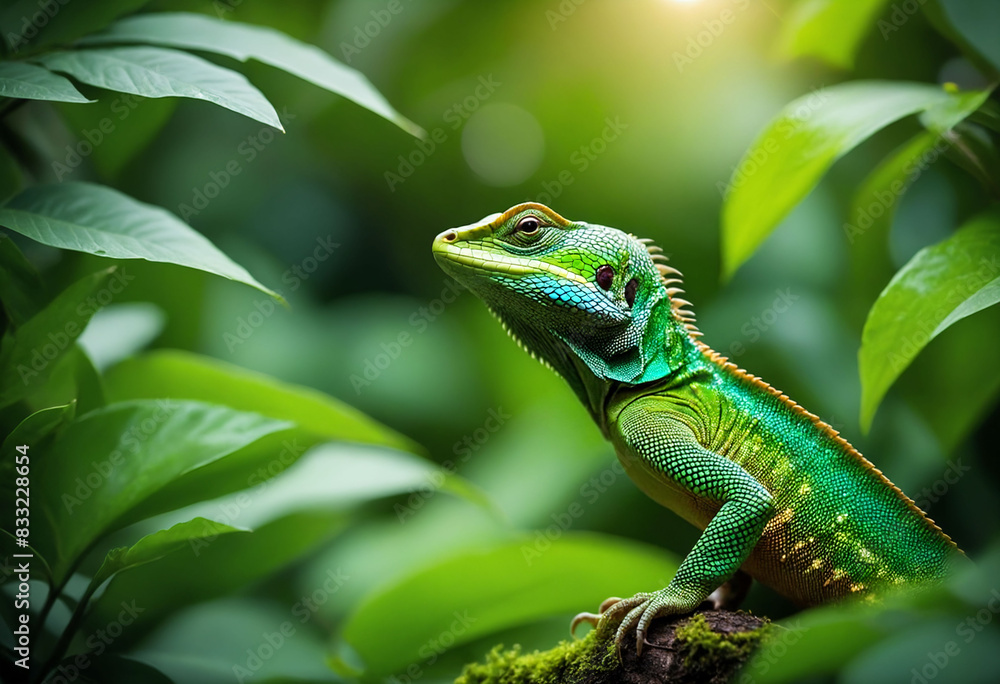 Fototapeta premium Vibrant lizard amidst lush green foliage in natural habitat