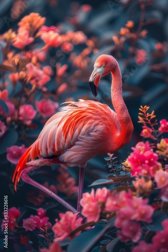 flamingo with beautiful flowers and depth of field artwork with a dark background