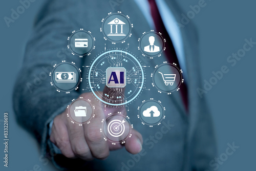 AI Business, Artificial intelligence technology, Businessman use Smartphone AI application. banking Intelligent automation Digital transformation in finance.