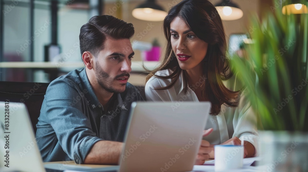 Two busy colleagues working together talking using laptop in office. Middle aged Latin female manager teaching young male worker looking at computer, Generative Ai Two busy colleagues working together talking using laptop in office. Middle aged Latin female manager teaching young male worker looking at computer, Generative Ai
