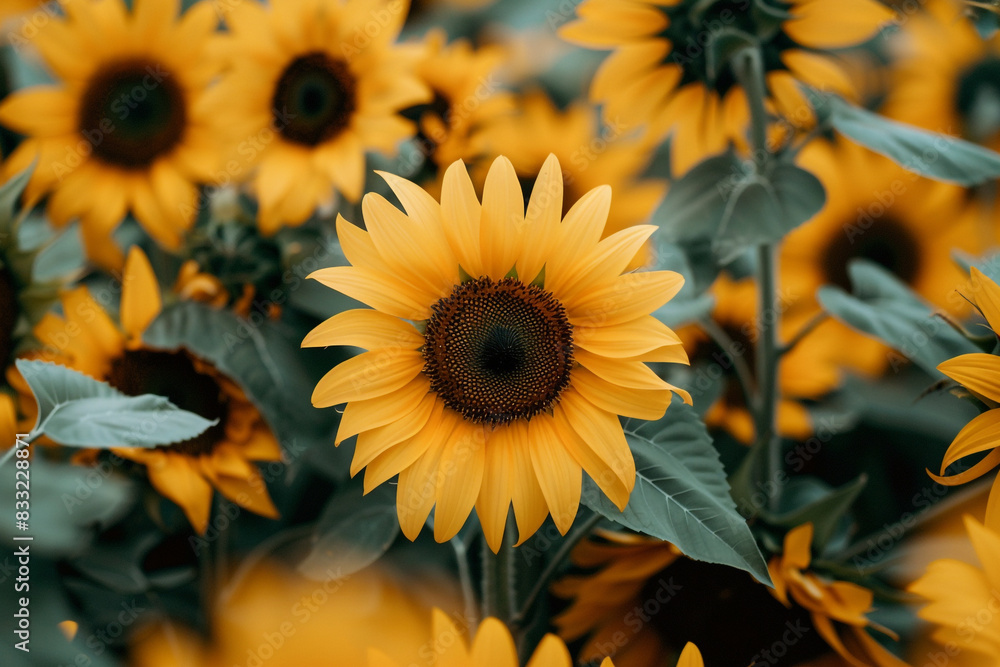 A cluster of yellow sunflowers with dark brown centers. A cluster of yellow sunflowers with dark brown centers.