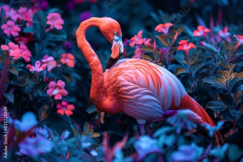 flamingo with beautiful flowers and depth of field artwork with a dark background