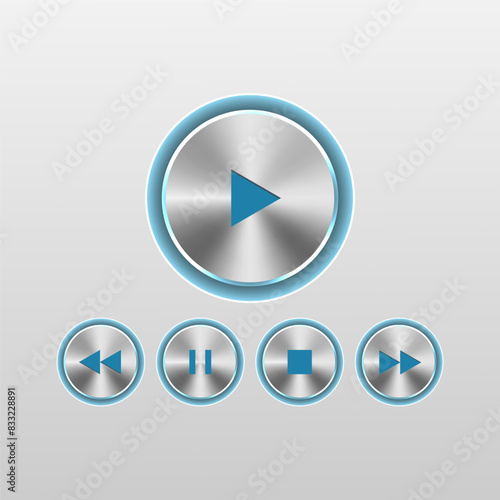 Silver circle buttons metallic music control buttons set. Vector illustration.