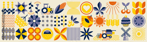 Summer pattern. Agriculture, farming. Mosaic style. Simple geometric shapes. Textile background of grains, poultry breeding, beekeeping, agricultural machinery, farm implements, flowers.