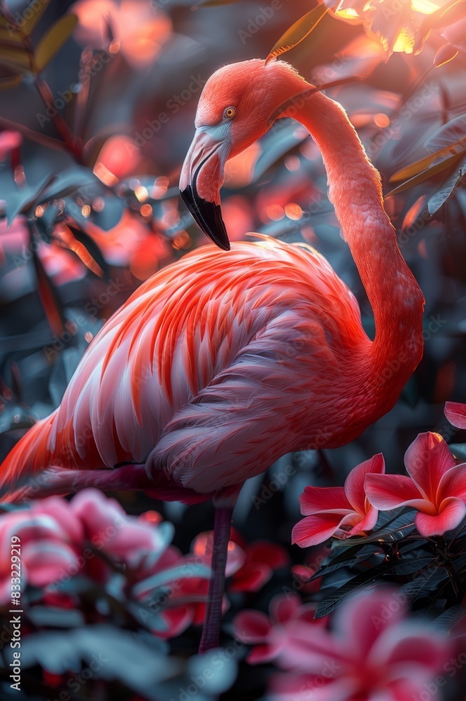 Fototapeta premium flamingo with beautiful flowers and depth of field artwork with a dark background