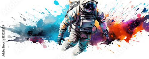 Astronaut Walking Through Colorful Paint Splatter Background © iwaart