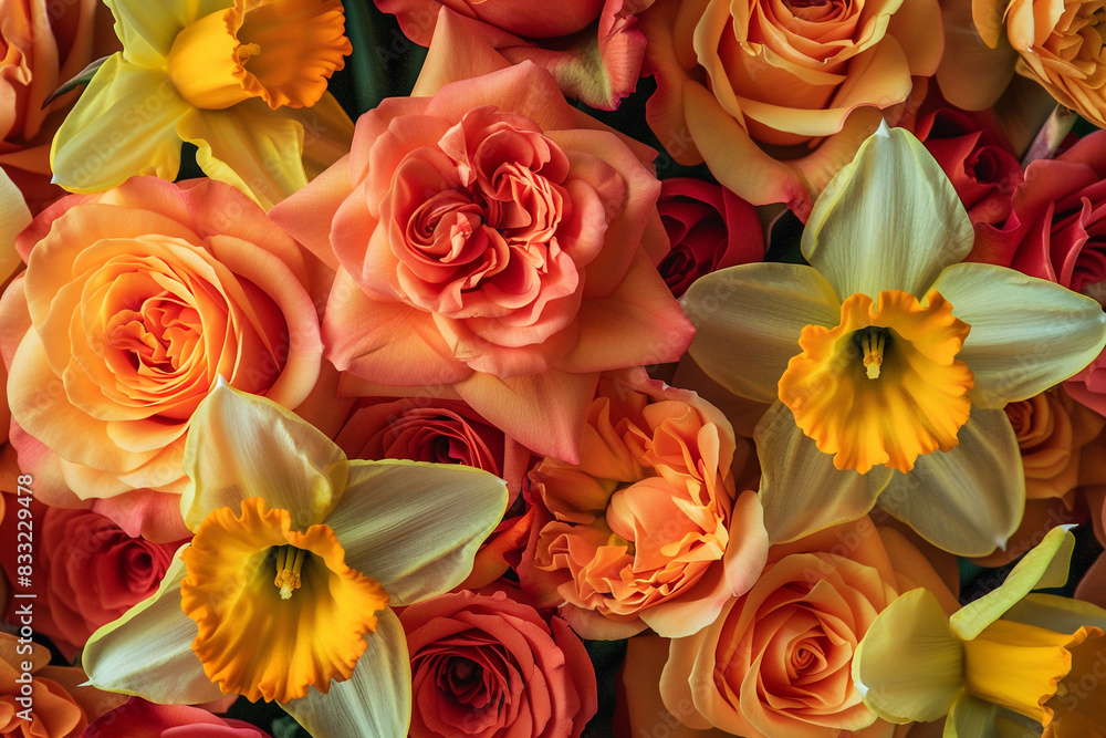 A composition of vibrant orange roses and yellow daffodils, representing joy and celebration of life. A composition of vibrant orange roses and yellow daffodils, representing joy and celebration of life.