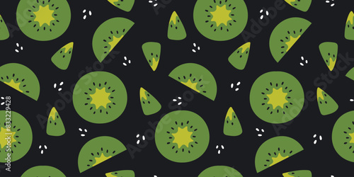 Kiwi fruits vector seamless pattern. Green kiwi fruit decorative background. Tropical fresh kiwi vector design for fabric, paper, wallpaper, cover, interior decoration. Vector illustration