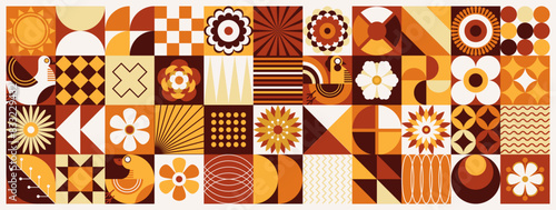 Summer floral pattern. A large collection of linear icons with geometric forms, leaves, flowers and berries. Mosaic style. Vintage vector illustration