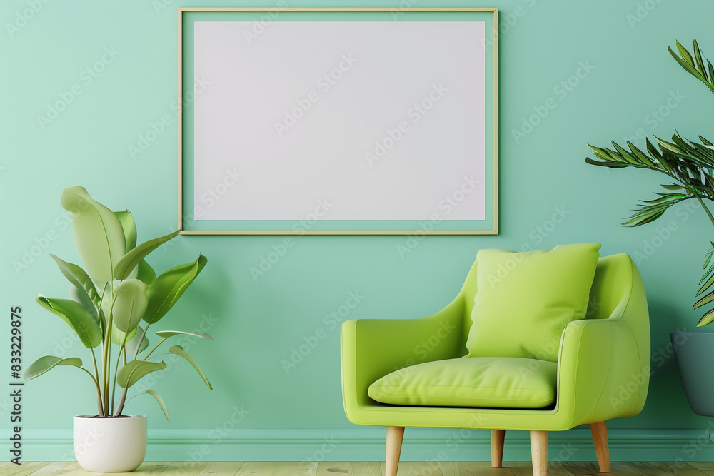 Wide-angle view of a bold lime green armchair and blank poster against a playful periwinkle wall. Wide-angle view of a bold lime green armchair and blank poster against a playful periwinkle wall.