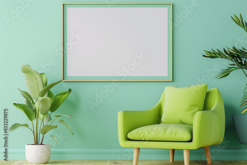 Wide-angle view of a bold lime green armchair and blank poster against a playful periwinkle wall. photo