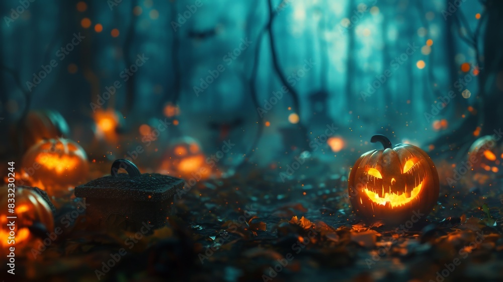 Eerie Halloween Pumpkins Among Spooky Forest and Tombs in Abstract Defocused Night Scene Eerie Halloween Pumpkins Among Spooky Forest and Tombs in Abstract Defocused Night Scene