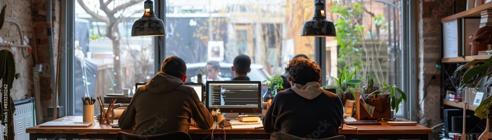 Obraz premium Two developers work together on coding projects in a cozy, plant-filled workspace with large windows and natural light.