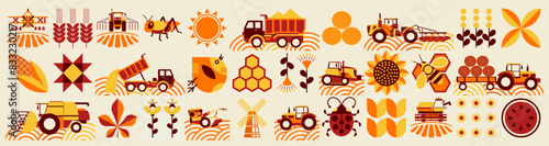 Summer pattern. Agriculture, farming. Vintage mosaic style. Simple geometric shapes. Textile background of grains, poultry breeding, beekeeping, agricultural machinery, farm implements, flowers.