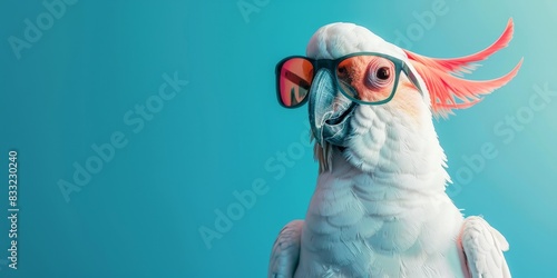 Hip Cockatoo Parrot Rocking Mirror Sunglasses on Soft Blue Background with Copy Space, Studio Lighting for Ultra Detailed Image photo