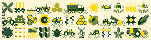 Spring pattern. Agriculture, farming. Vintage mosaic style. Simple geometric shapes. Textile background of grains, poultry breeding, beekeeping, agricultural machinery, farm implements, flowers.
