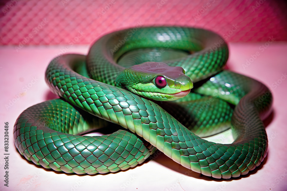 Venomous Viper. Reptile Snake Photo for 2025 Year symbol. Pink background. Venomous Viper. Reptile Snake Photo for 2025 Year symbol. Pink background.