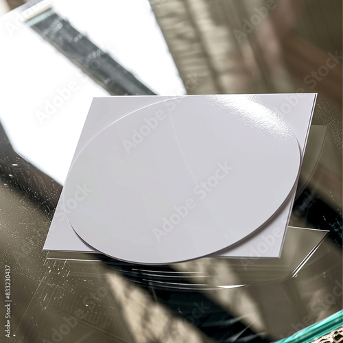 Round blank business card mockup, glossy finish on a mirror-like glass table. photo