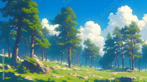 Pine forest background landscape. Tall pine trees and a carpet of green moss. Serene scene. photo