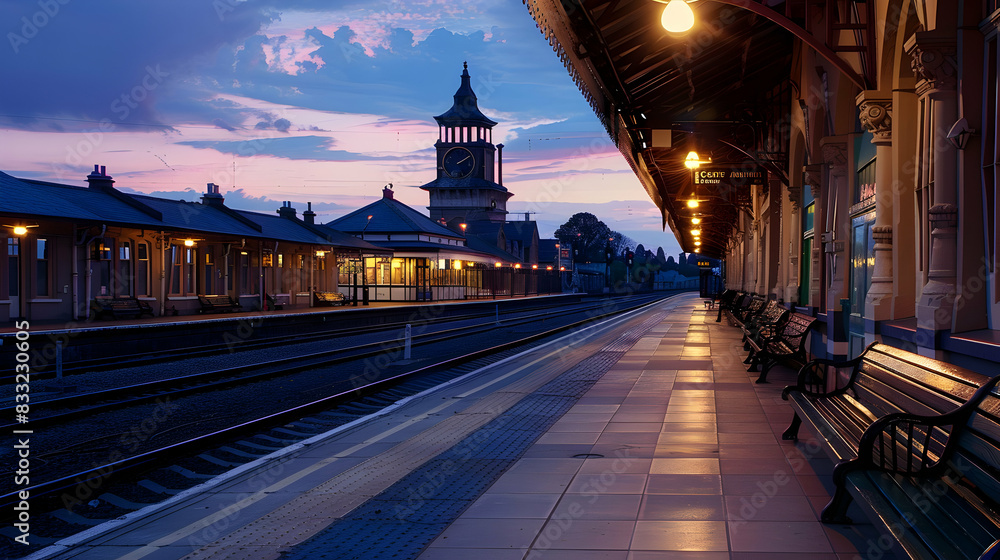Obraz premium A quiet, empty train station at dusk, with old-fashioned benches and a clock tower; the tracks stretch into the distance, illuminated by the soft glow of the station lights