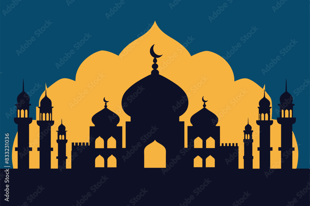 Mosque Silhouette vector Islamic Eid Al Fitr Festival Card with Copy Space