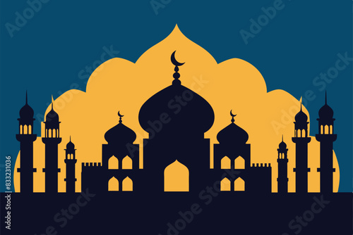 Mosque Silhouette vector Islamic Eid Al Fitr Festival Card with Copy Space