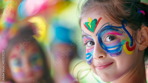 Little girl with colorful face paint. Portrait of a happy young girl with colorful face paint at a festival or carnival.