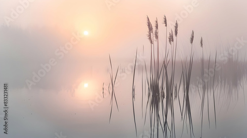 A foggy marshland at dawn, with reeds and cattails emerging from the mist; the still waters mirror the pale light of the rising sun, creating an ethereal, otherworldly atmosphere