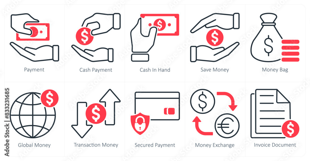 A set of 10 shopping icons as payment, cash payment, cash in hand