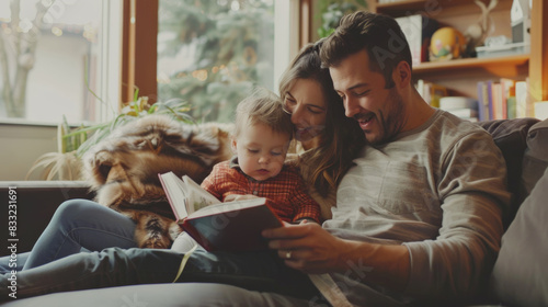 Portrait of Parents reading a storybook to their child in a cozy living room