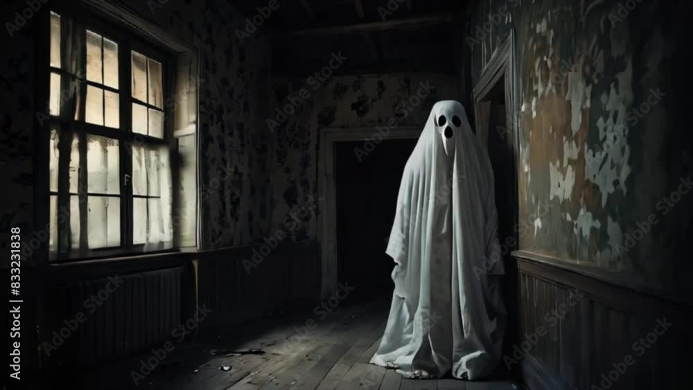Ghost in white dress appears in an old house Ghost in white dress appears in an old house