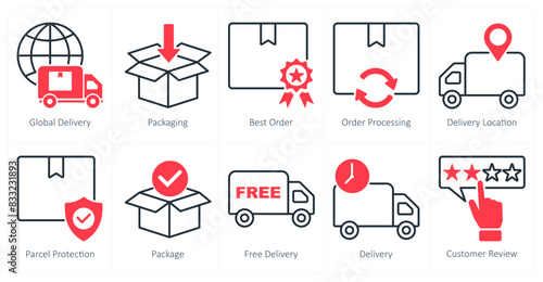 A set of 10 shopping icons as global delivery, packaging, best order