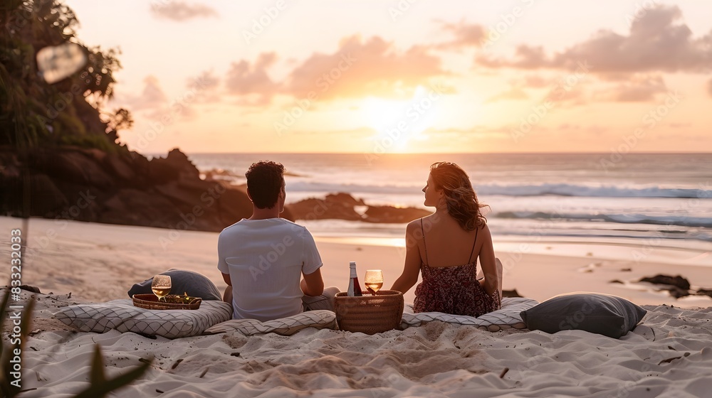 Fototapeta premium Smiling young couple walking along a beach at sunset