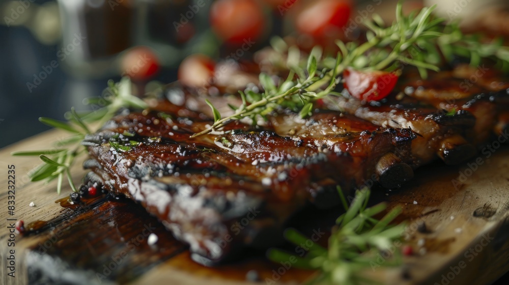 Close-up of succulent grilled pork spare ribs on a wooden cutting board, garnished with herbs and spices Close-up of succulent grilled pork spare ribs on a wooden cutting board, garnished with herbs and spices