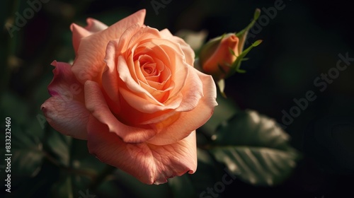 A fully blossomed peach colored rose illuminated by gentle lighting at the focal point of the picture