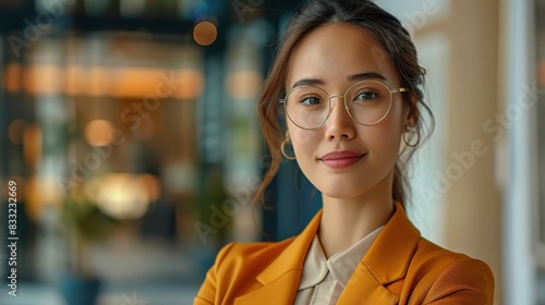 Woman professional portrait in professional attire against a modern office