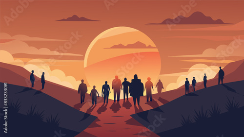 The sun setting over the horizon as the group comes to the end of their prayer walk carrying a sense of peace and reverence with them.. Vector illustration