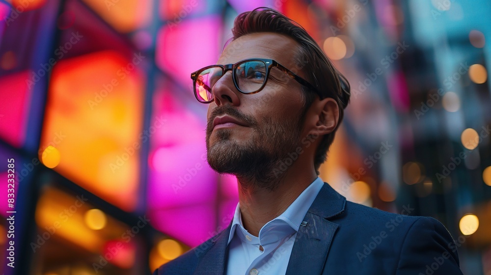 Young professional man holding a briefcase, city skyline blurred in the background Young professional man holding a briefcase, city skyline blurred in the background