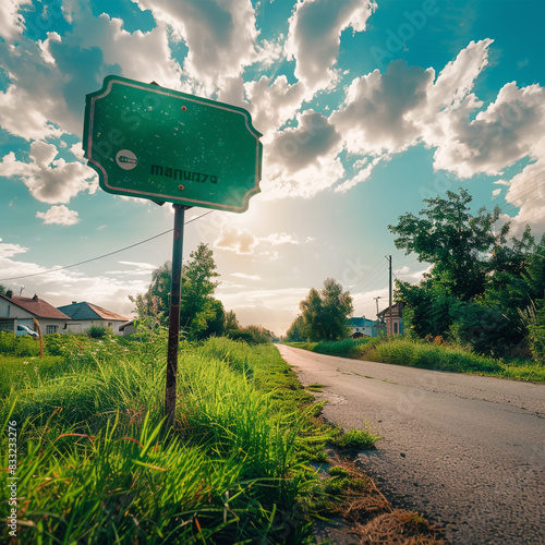 Bright sky and lush grass backdrop a small unique-shaped green road sign on a village street. photo