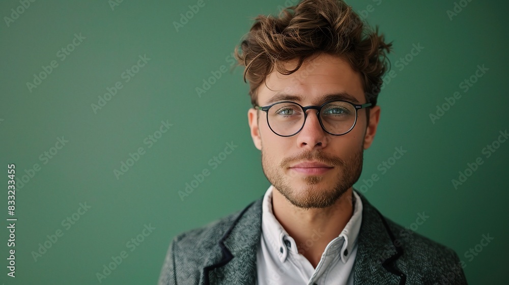 Young professional man in glasses, posed against a dynamic green background Young professional man in glasses, posed against a dynamic green background