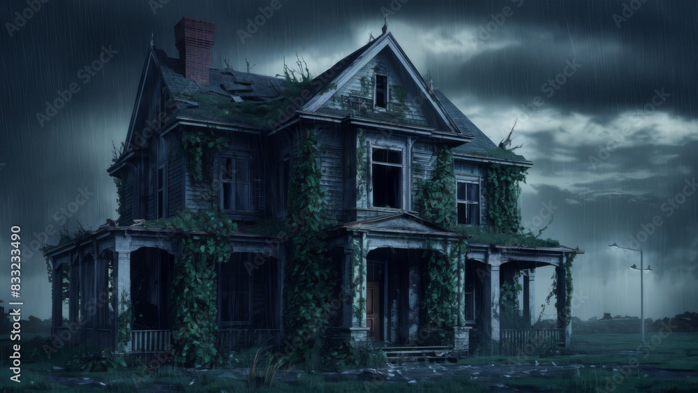A dark and creepy looking abandoned haunted house with vines growing on it, AI A dark and creepy looking abandoned haunted house with vines growing on it, AI